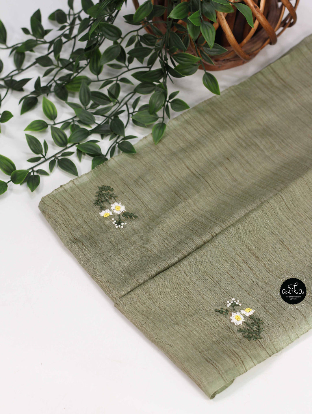 Olive Green Bamboo Silk Saree with Floral Hand Embroidery