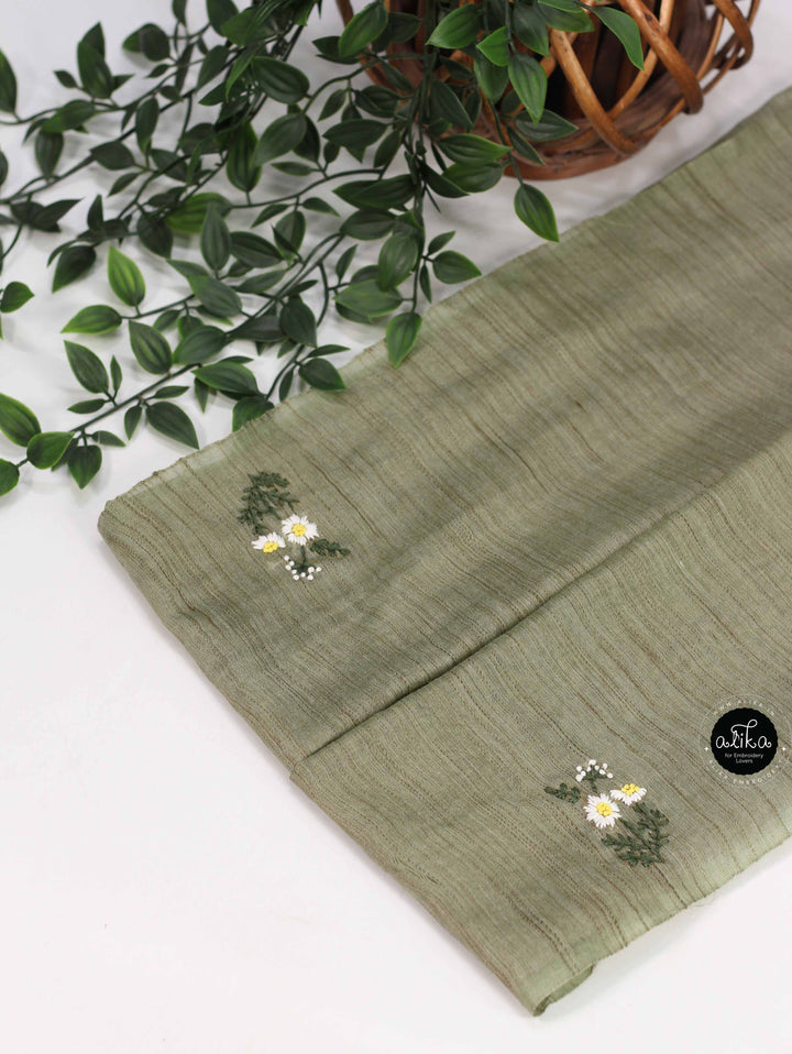 Olive Green Bamboo Silk Saree with Floral Hand Embroidery