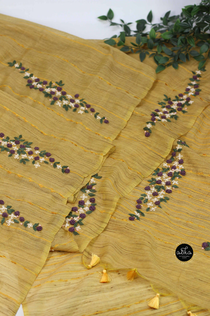 Mustard Yellow Bamboo Silk Saree with Floral Hand Embroidery