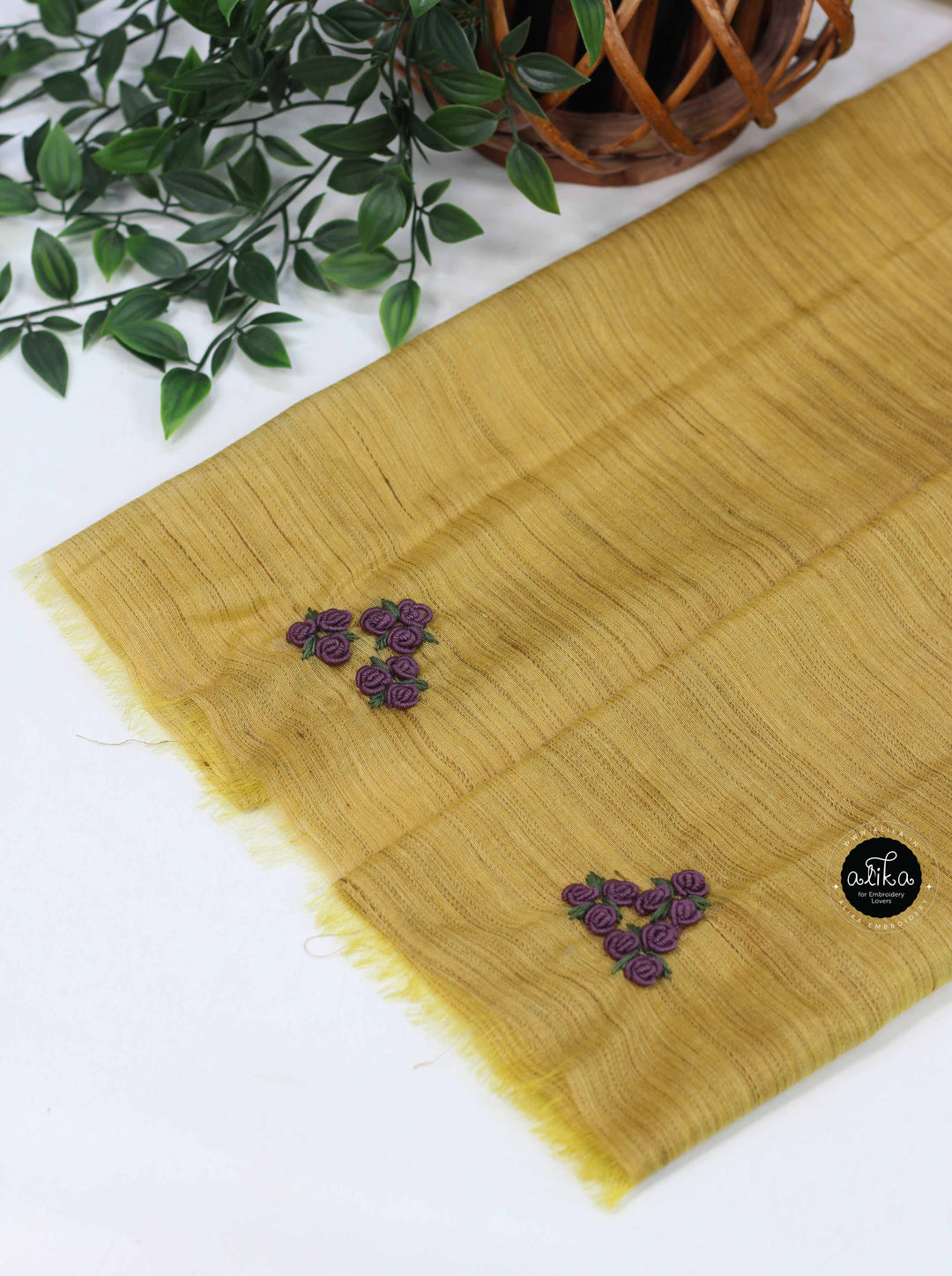 Mustard Yellow Bamboo Silk Saree with Floral Hand Embroidery