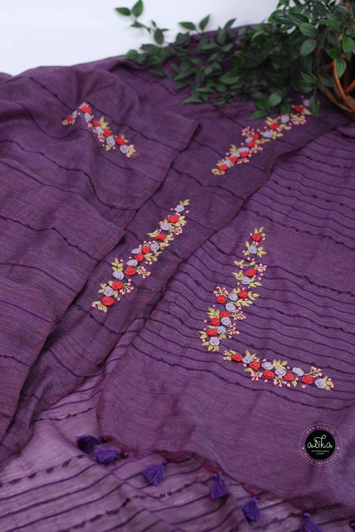 Dark Purple Bamboo Silk Saree with Floral Hand Embroidery