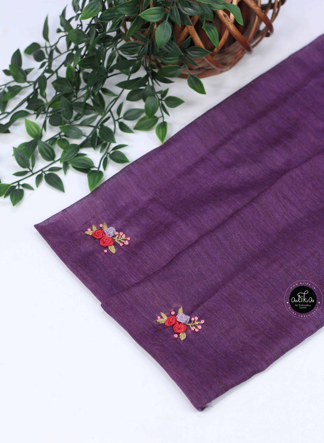 Dark Purple Bamboo Silk Saree with Floral Hand Embroidery