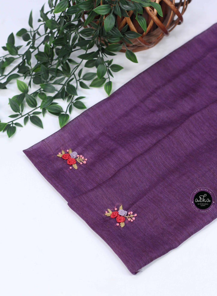 Dark Purple Bamboo Silk Saree with Floral Hand Embroidery
