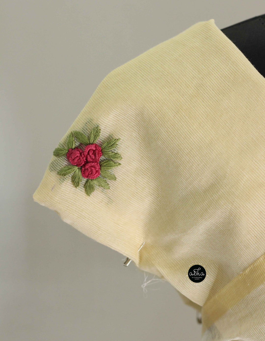 Warm Ivory Kota Saree with Floral Hand Embroidery