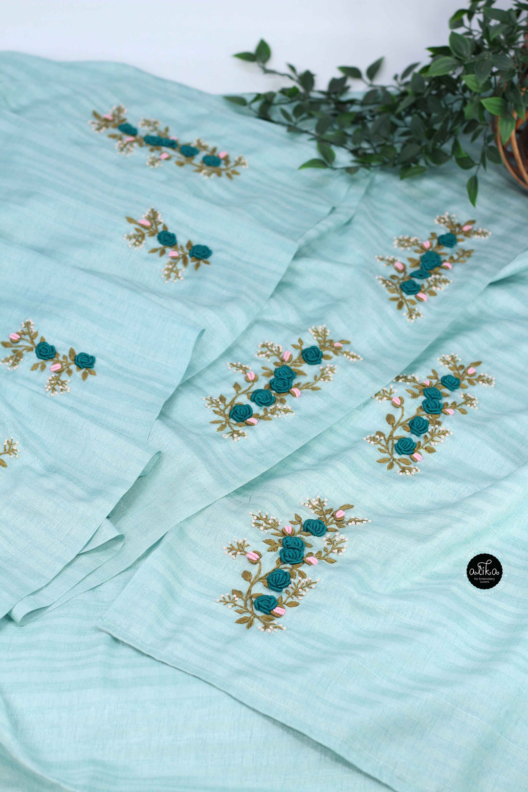 Light Blue Designer Silk Saree with Floral Hand Embroidery