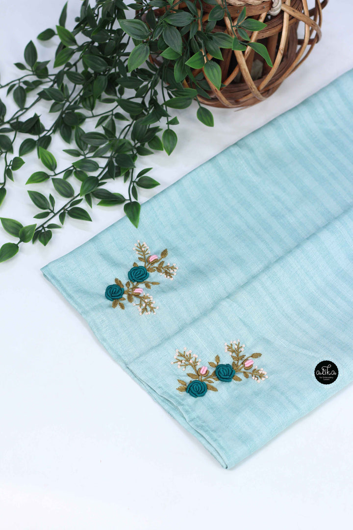Light Blue Designer Silk Saree with Floral Hand Embroidery
