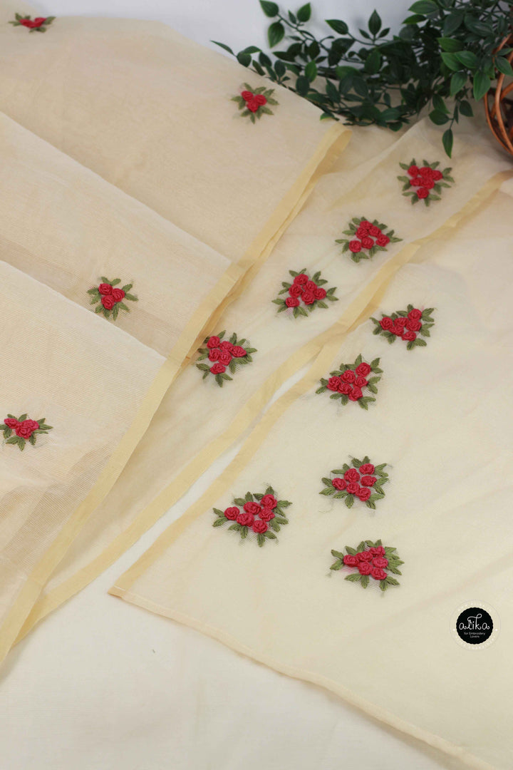 Warm Ivory Kota Saree with Floral Hand Embroidery