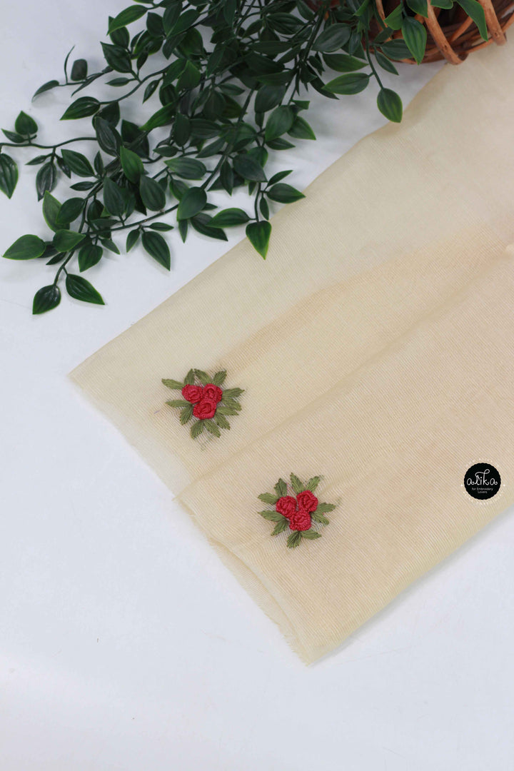Warm Ivory Kota Saree with Floral Hand Embroidery