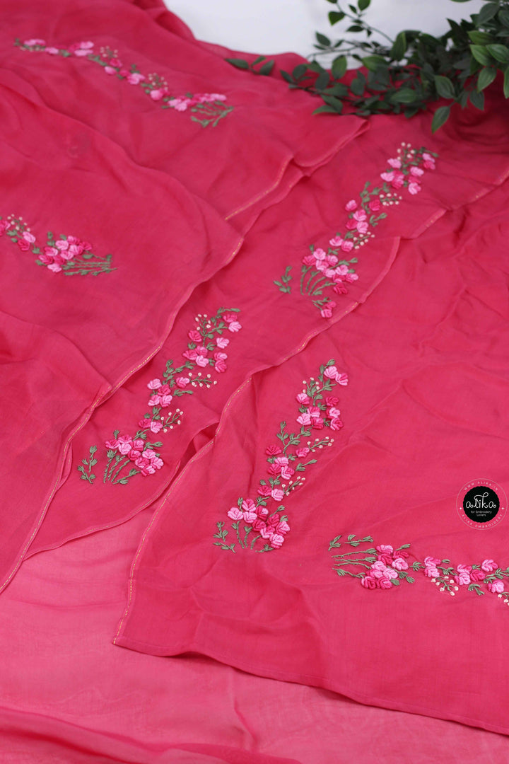 Rani Pink Organza Saree with Floral Hand Embroidery