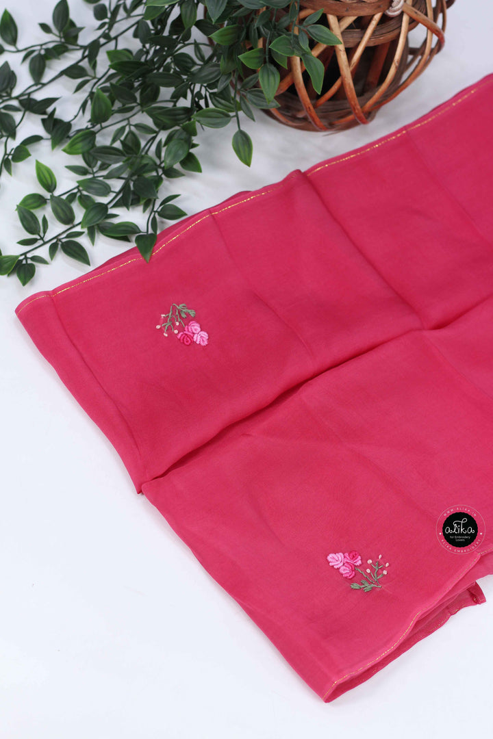 Rani Pink Organza Saree with Floral Hand Embroidery