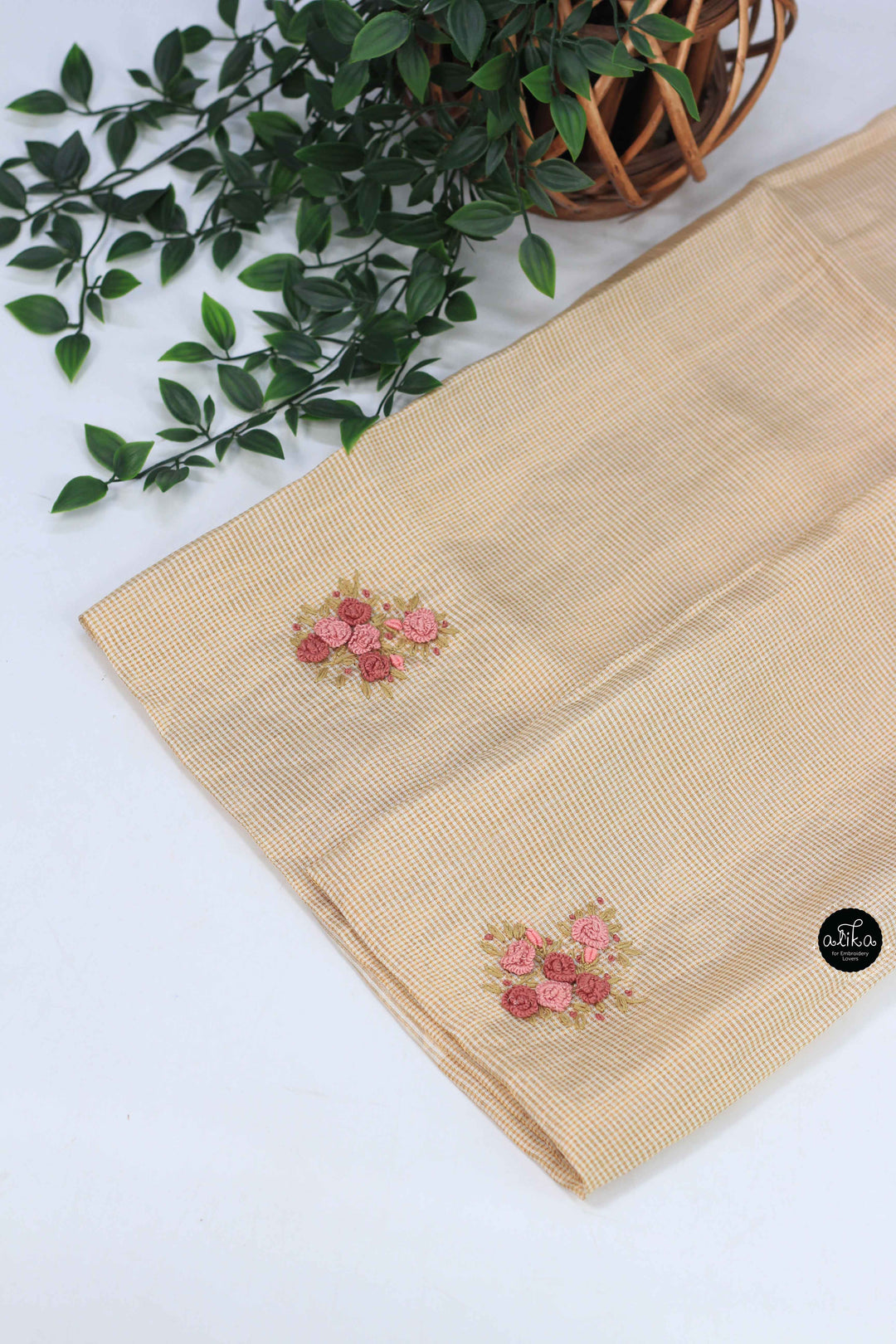 Cream Pure Tussar Silk Saree with Gold Checks &amp; Floral Hand Embroidery