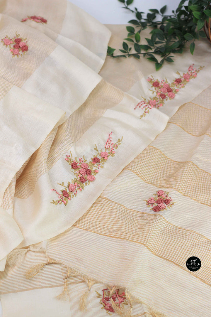 Cream Pure Tussar Silk Saree with Gold Checks &amp; Floral Hand Embroidery