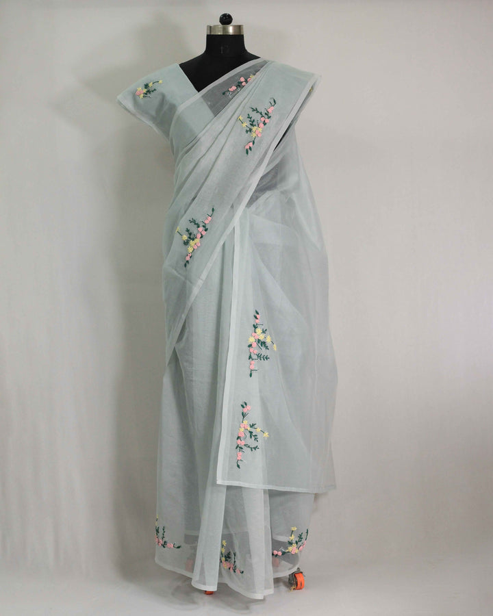 Powder Blue Kota Saree with Floral Hand Embroidery
