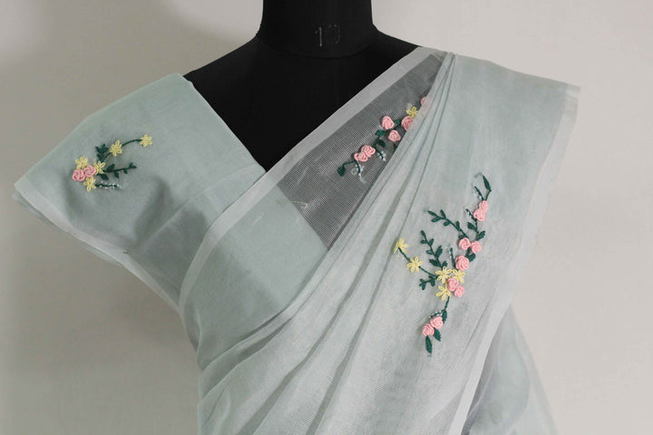 Powder Blue Kota Saree with Floral Hand Embroidery