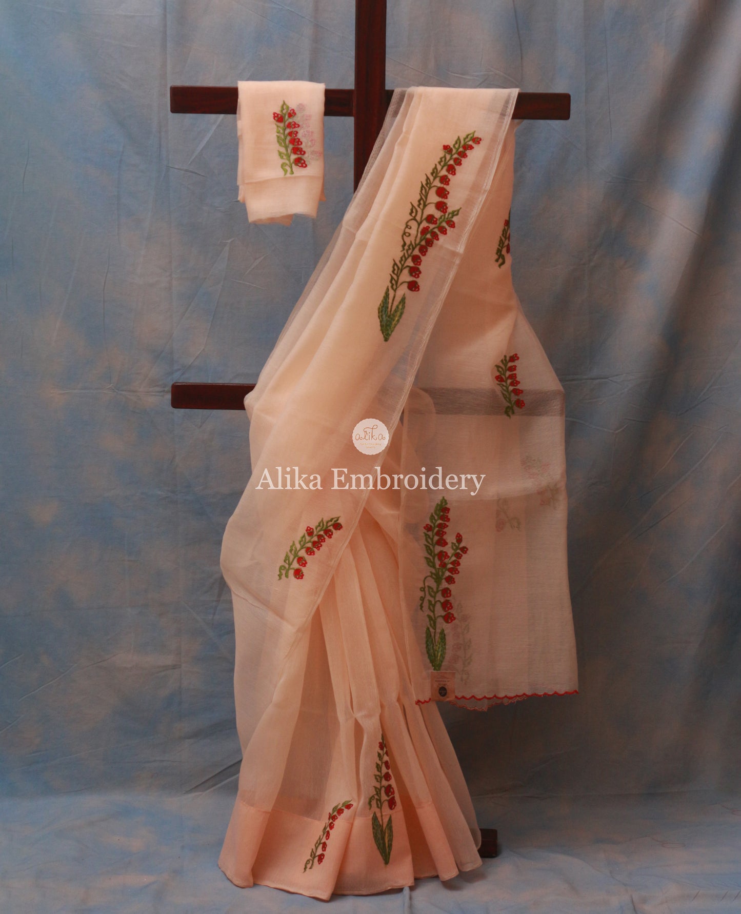 Elegant Peach Kota Saree with Red Shaded Floral Machine Embroidery | Timeless Sophistication
