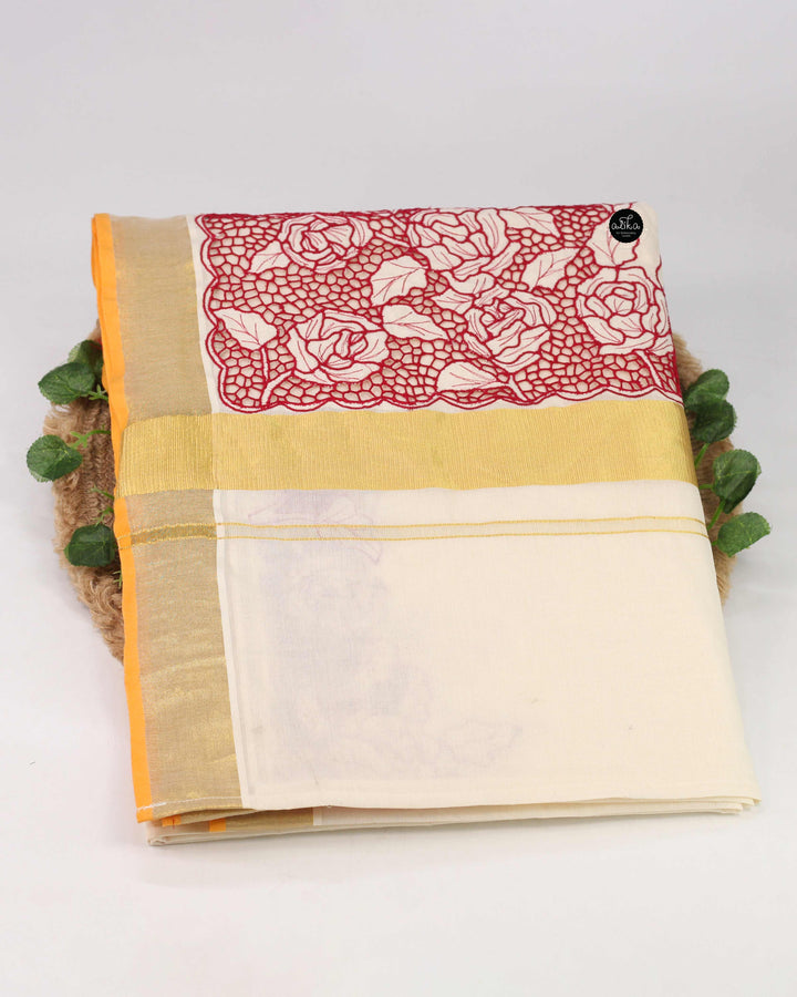 Cream Kerala Saree with Red Border &amp; Floral Twine Cutwork