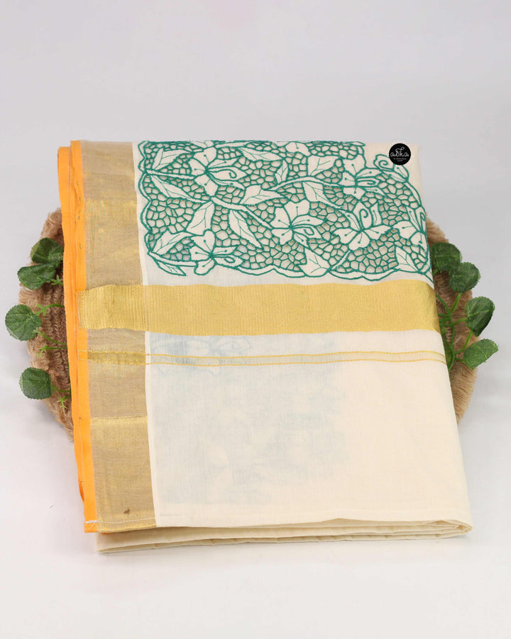 Cream Kerala Saree with Green Floral Twine Cutwork