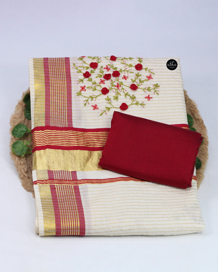 Cream Kerala Kasavu Saree with Red Floral Hand Embroidery &amp; Bead Work