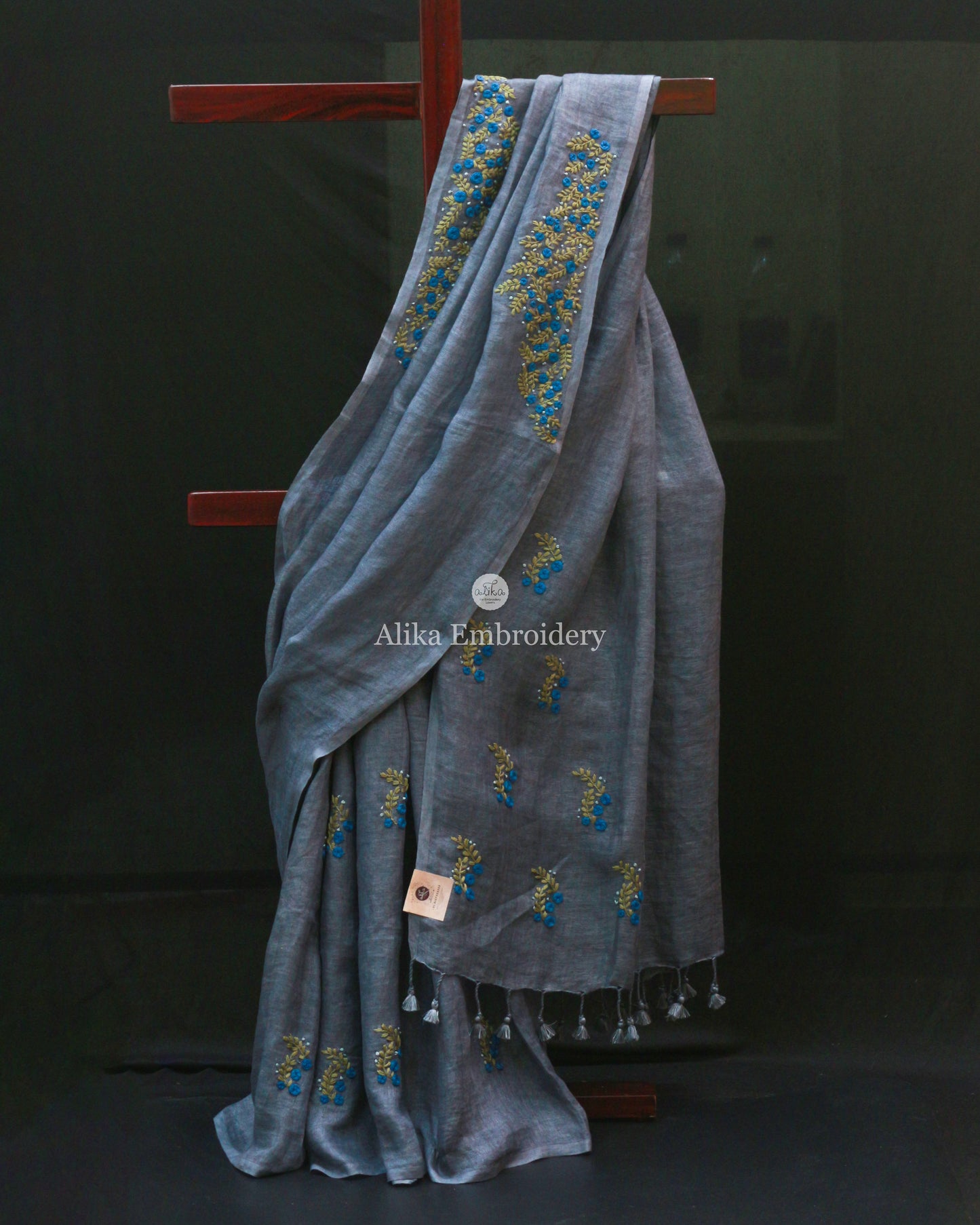Grey Linen Saree with Blue Floral Hand Embroidery | Elegant Women's Fashion