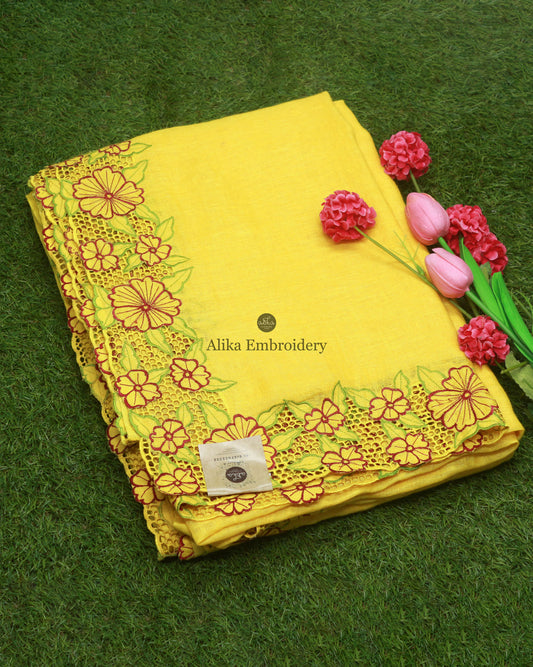 Dark Yellow Linen Saree with Maroon Floral Embroidery and Border Cutwork