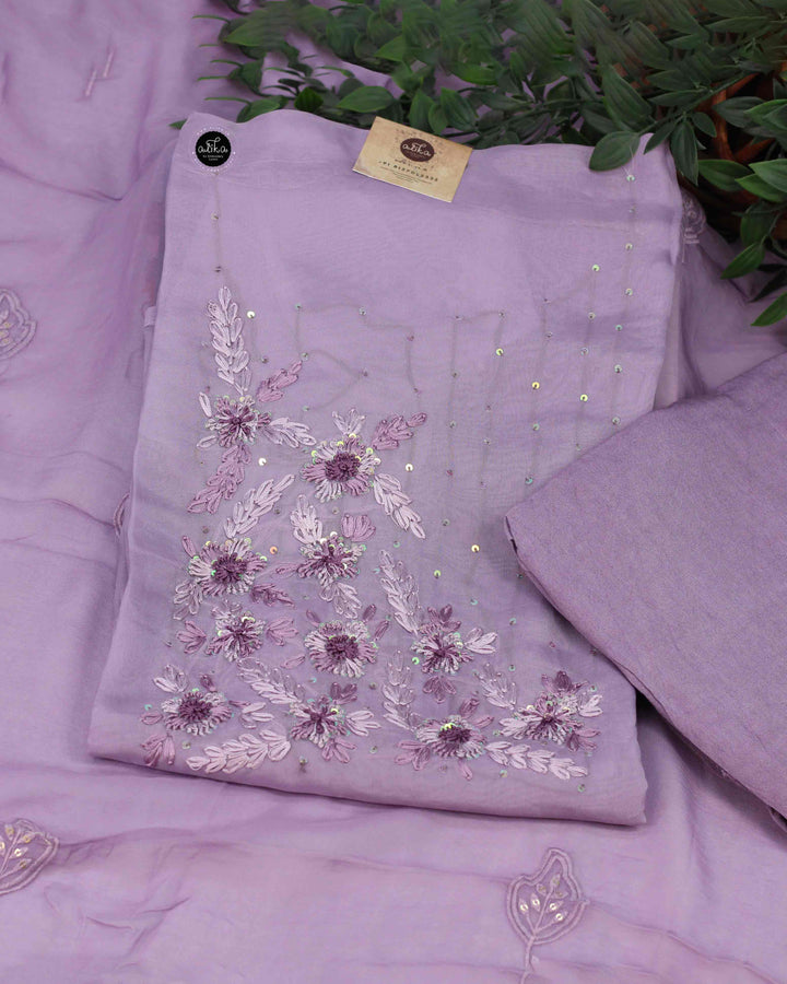 Lavender Organza Salwar Set with Floral Embroidery and Sequin Work