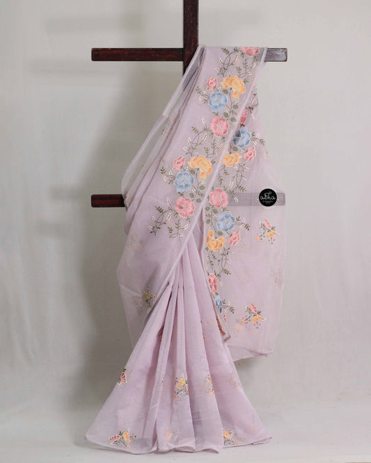Lavender Kota Saree with Floral Machine Embroidery and Plain blouse Material