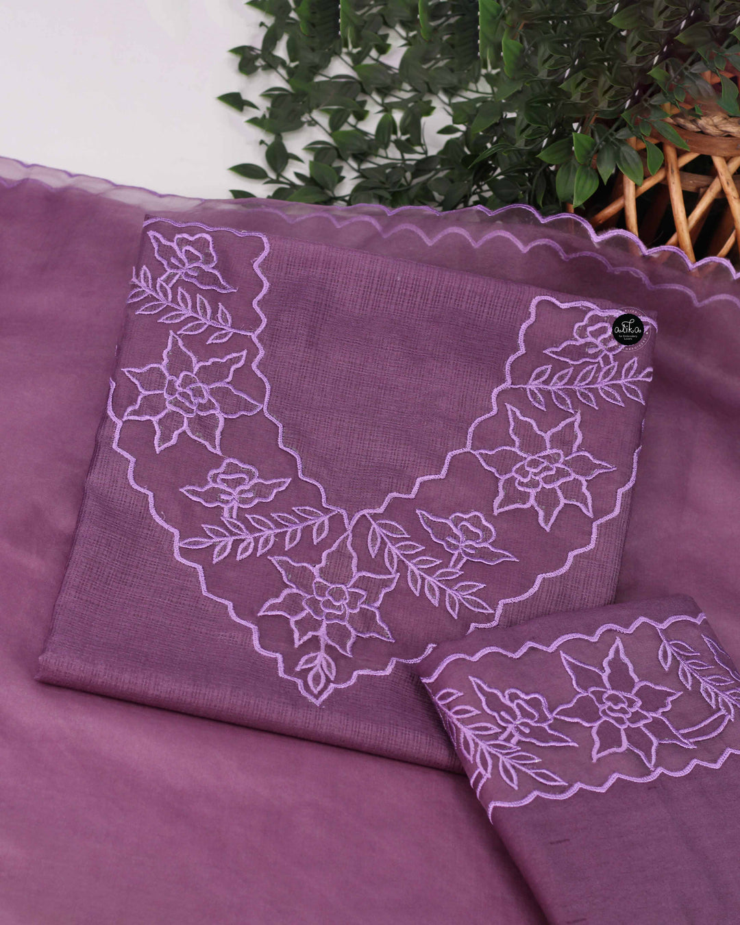 Lilac Silky Kota Unstitched Salwar Suit Set with Appliqué Work on Neck &amp; Sleeves