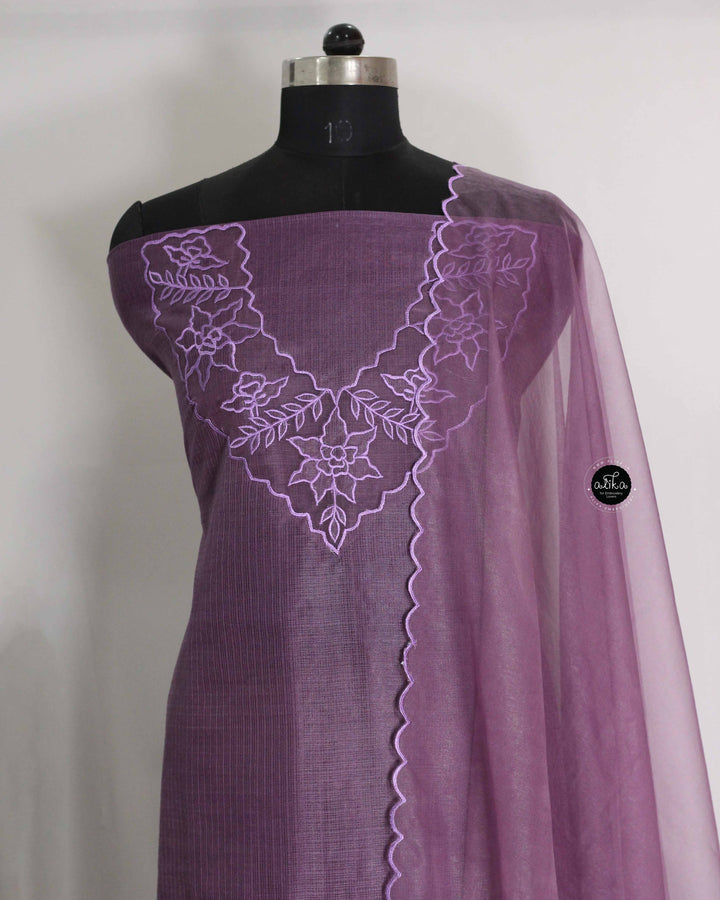Lilac Silky Kota Unstitched Salwar Suit Set with Appliqué Work on Neck &amp; Sleeves