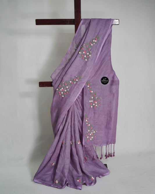 Lilac Pure Linen Saree with Floral Hand Embroidery & Bead Work
