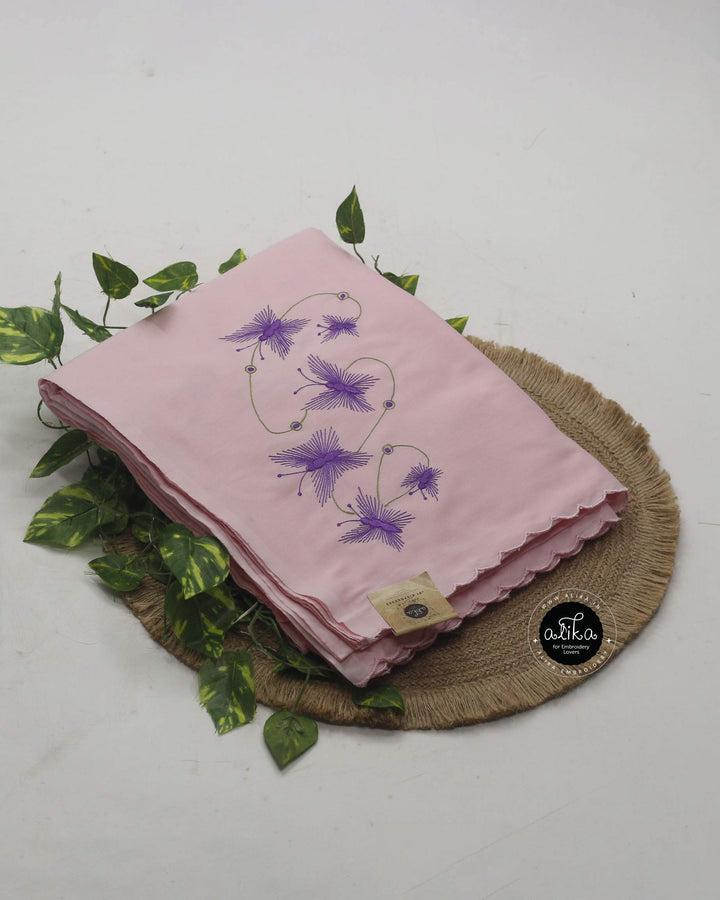 Pink Cotton Saree with Machine Embroidery