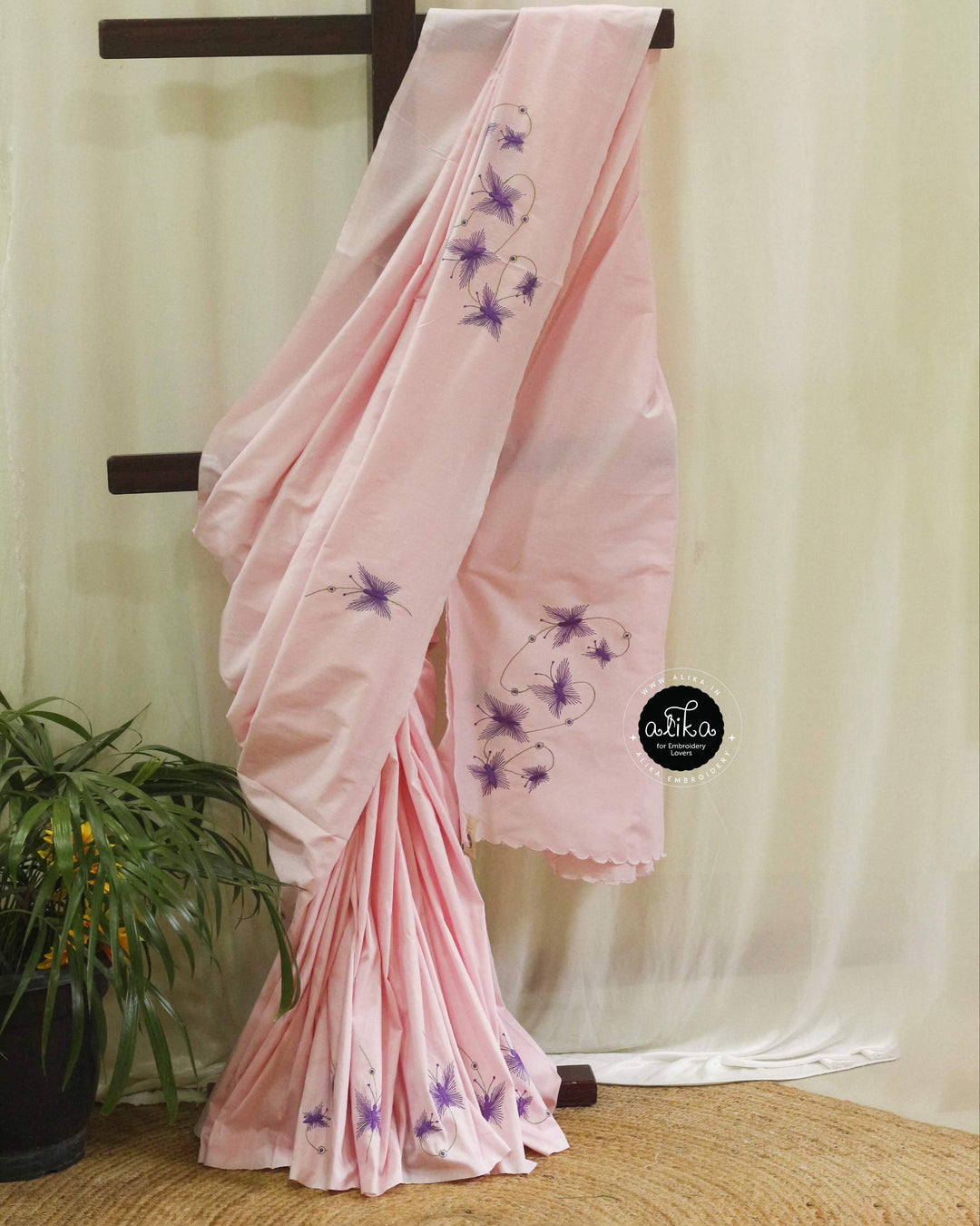 Pink Cotton Saree with Machine Embroidery