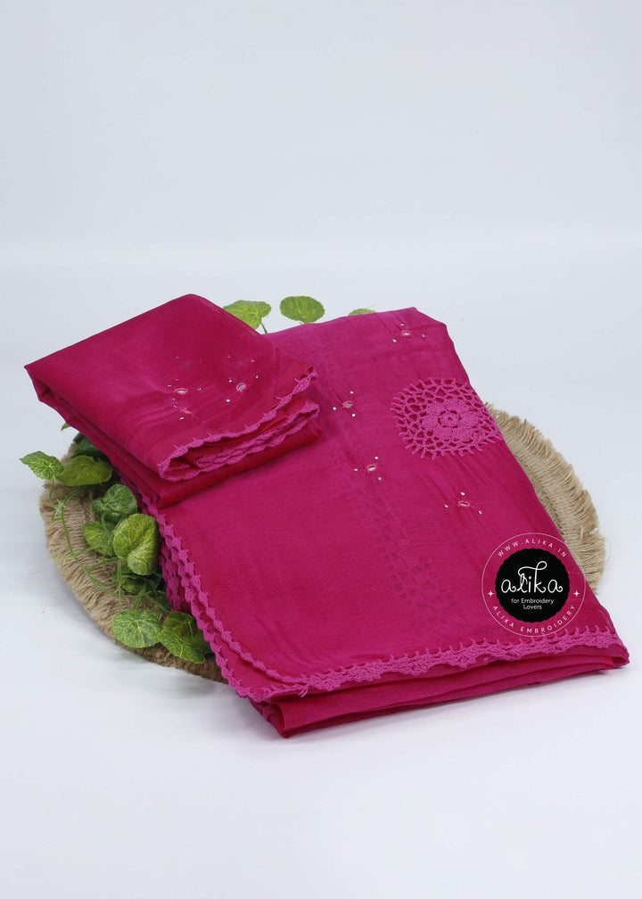 Rani Pink Kota Doria Saree with Crochet Detailing &amp; Mirror Work