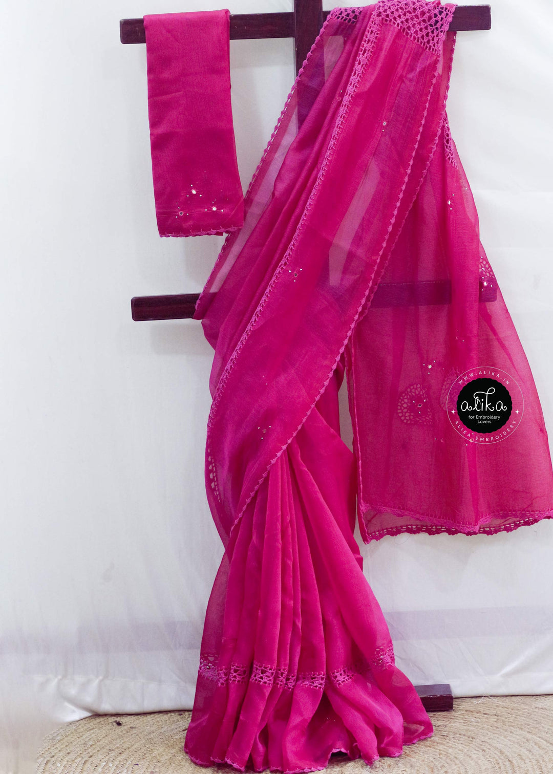 Rani Pink Kota Doria Saree with Crochet Detailing &amp; Mirror Work