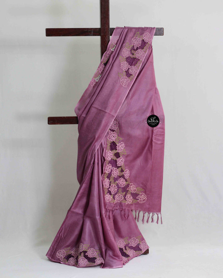 Purple Mauve Semi Tussar Saree with Floral Cut Work