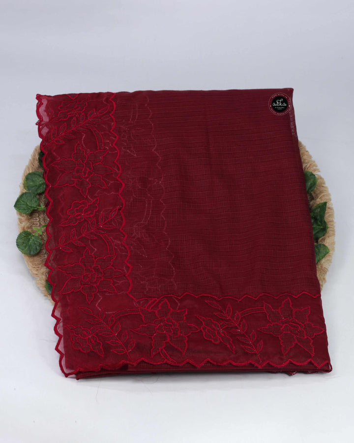 Maroon Silky Kota Saree with Floral Appliqué Border