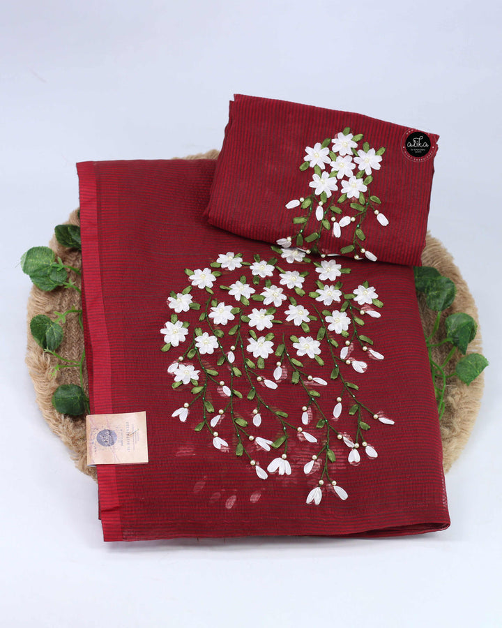 Maroon Kota Saree with Floral Ribbon Work
