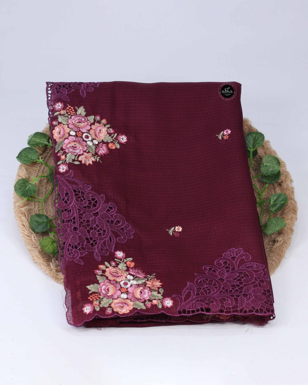 Wine Purple Silky Kota Saree with Floral Machine Embroidery &amp; Cutwork