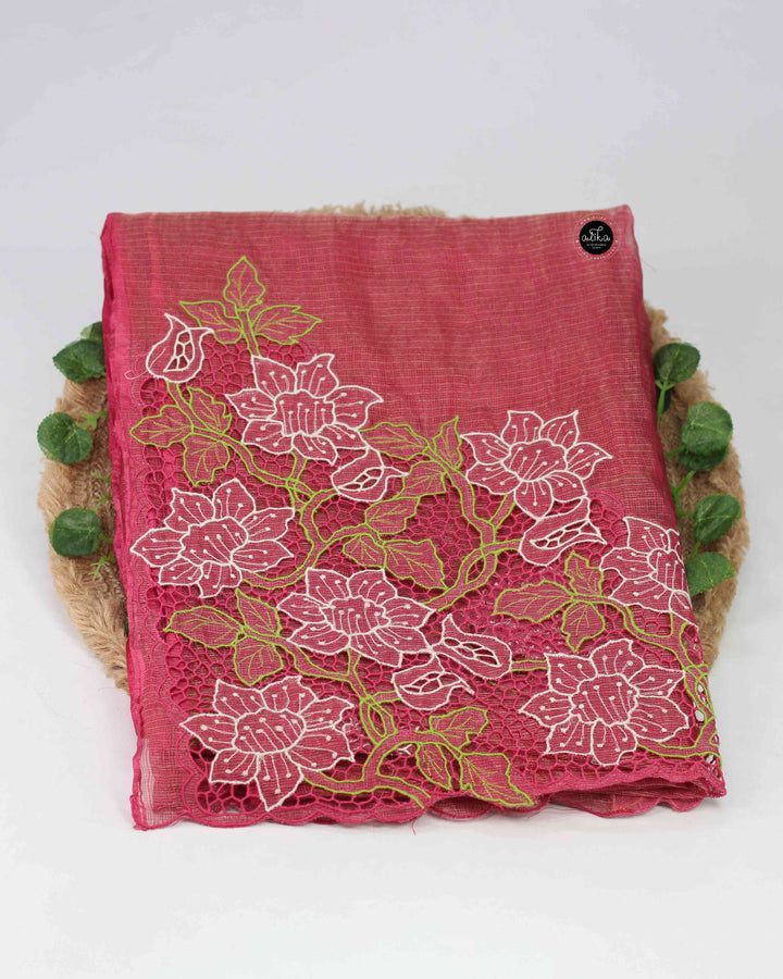 Red Pink Pure Tissue Saree with Floral Twine Cutwork