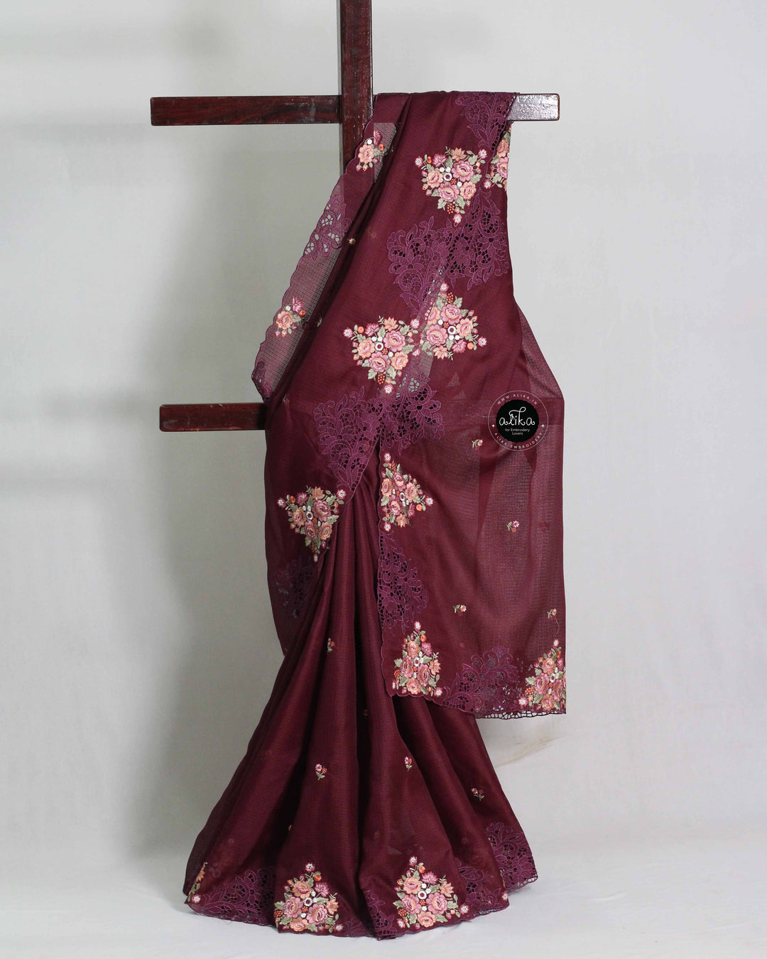 Wine Purple Silky Kota Saree with Floral Machine Embroidery &amp; Cutwork