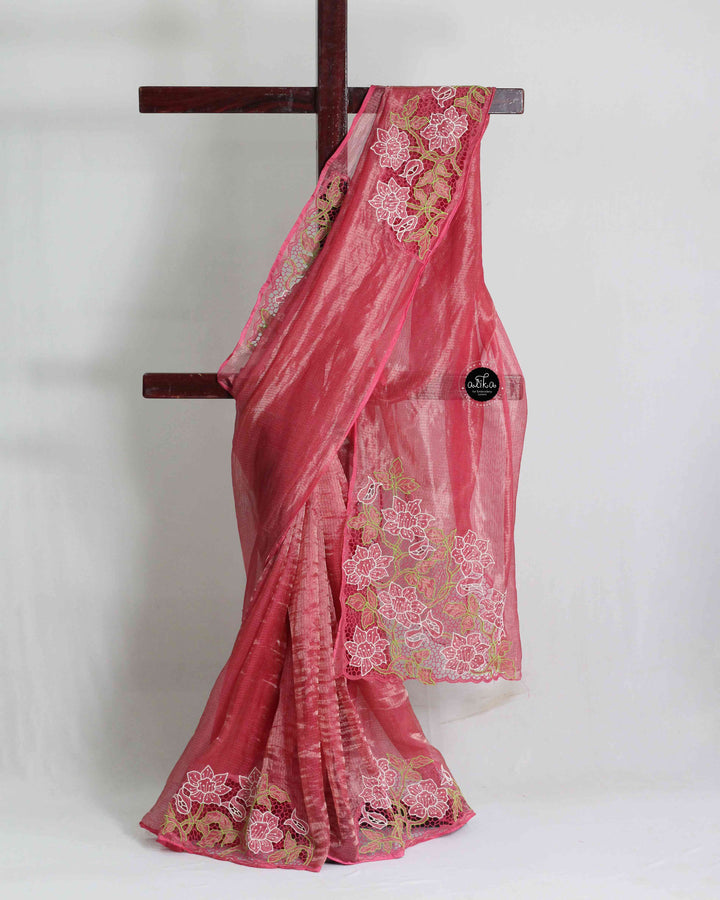 Red Pink Pure Tissue Saree with Floral Twine Cutwork