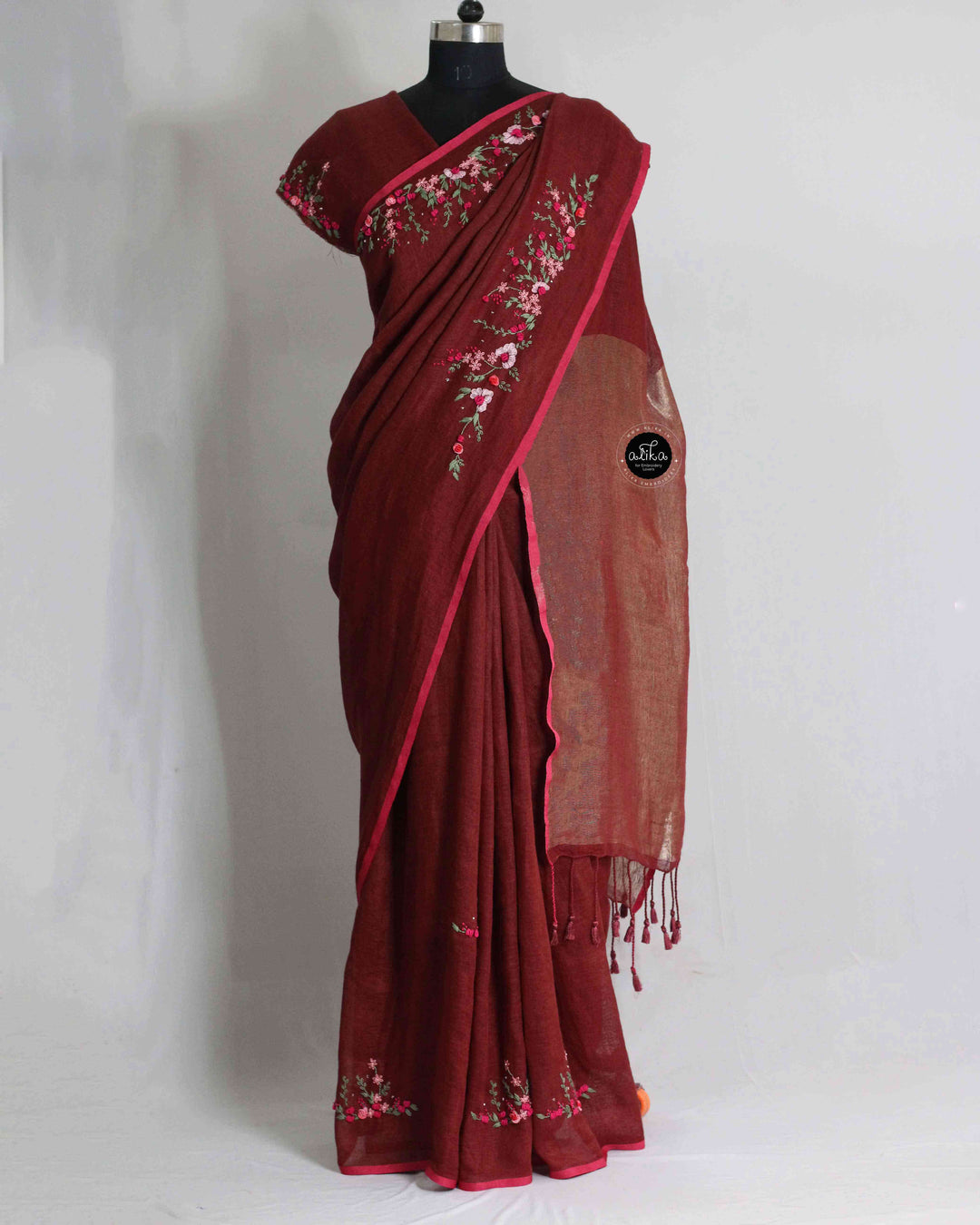 Maroon Pure Linen Saree with Floral Hand Embroidery