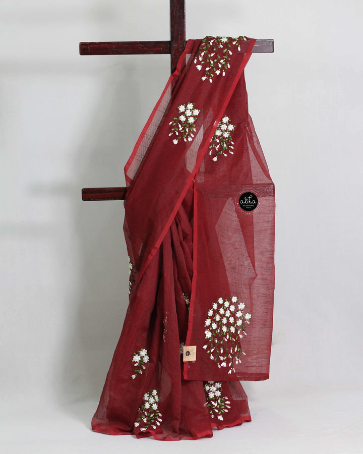 Maroon Kota Saree with Floral Ribbon Work