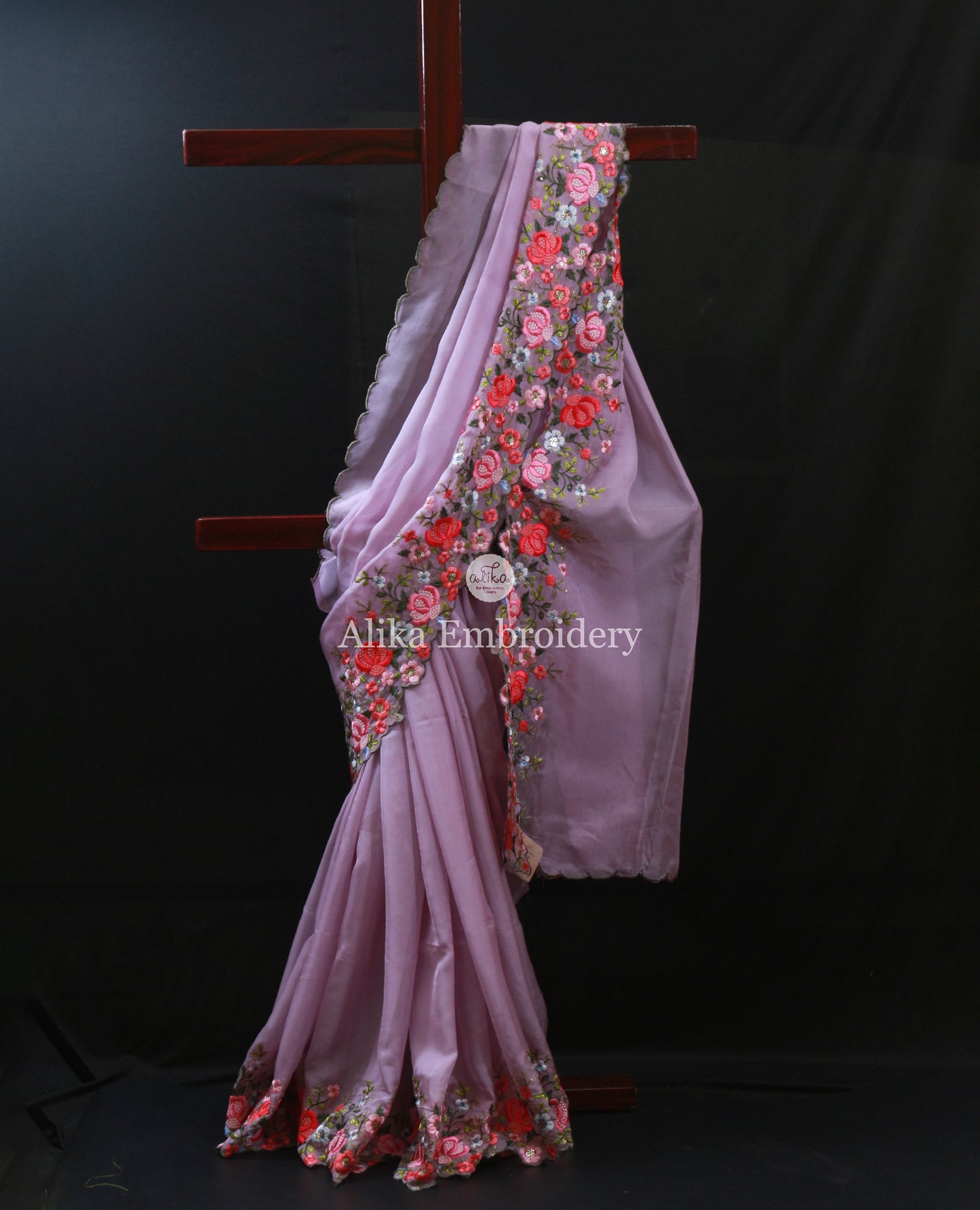 Elegant Lavender Organza Saree with Full Border Floral Machine Embroidery | Timeless Beauty