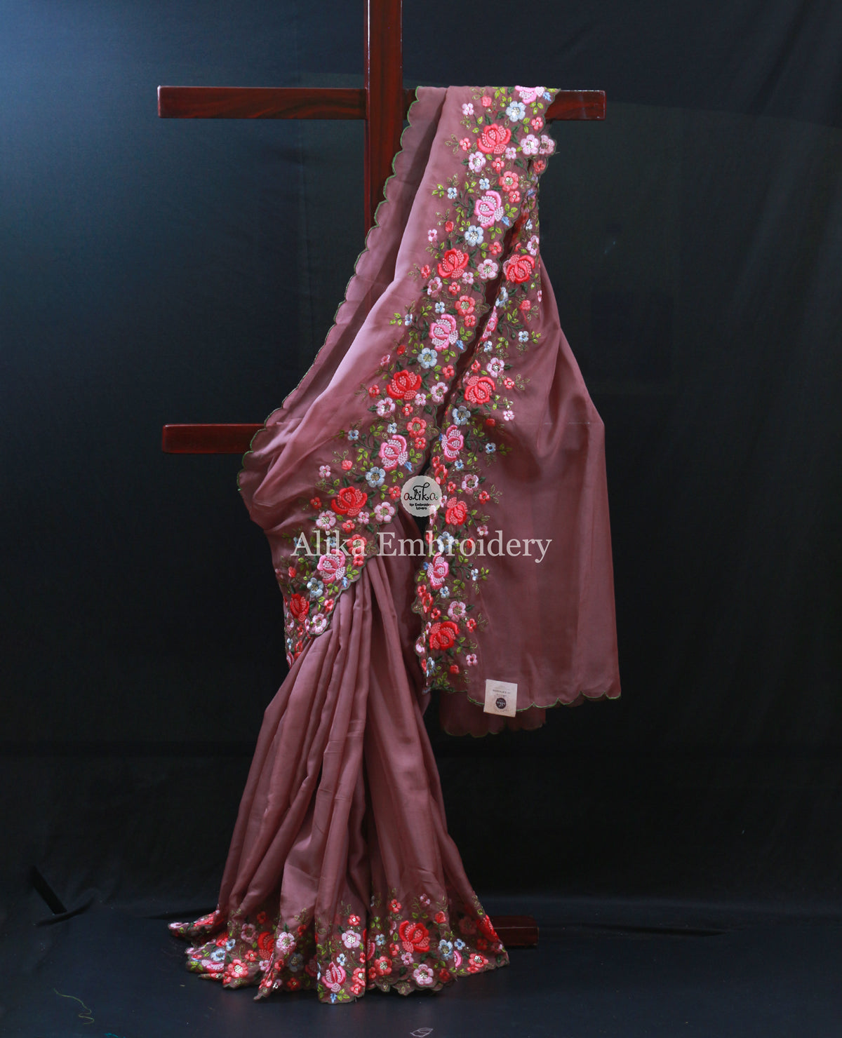 Chic Brown Organza Saree with Full Border Floral Machine Embroidery
