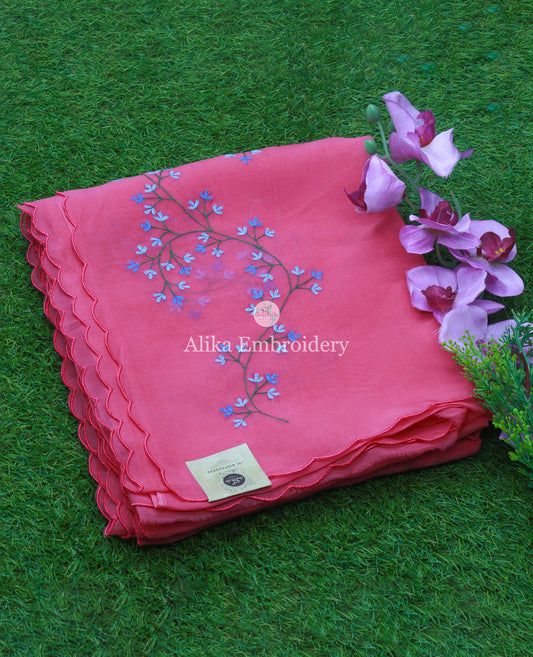 Elegant Pink Organza Saree with Blue Floral Embroidery