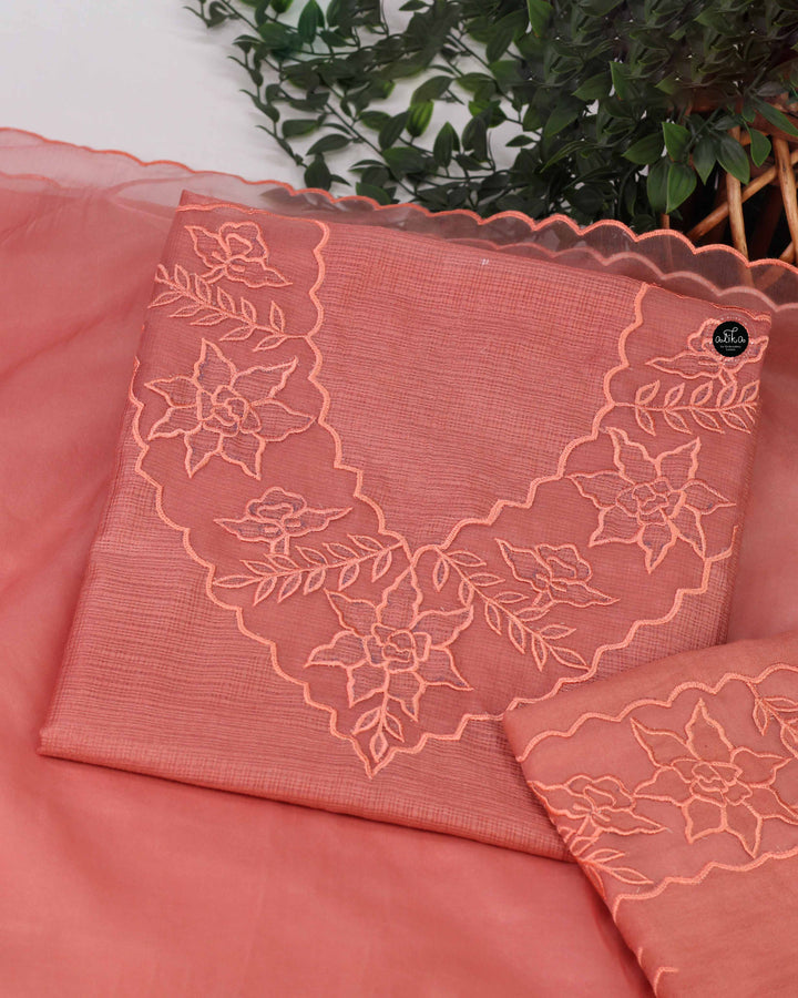 Peach Orange Silky Kota Unstitched Salwar Suit Set with Appliqué Work on Neck &amp; Sleeves