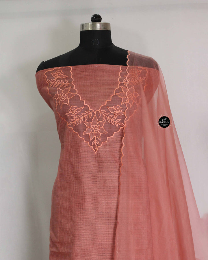 Peach Orange Silky Kota Unstitched Salwar Suit Set with Appliqué Work on Neck &amp; Sleeves