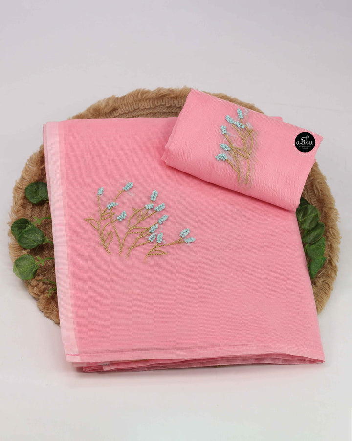 Blush Pink Kota Saree with Floral Hand Embroidery
