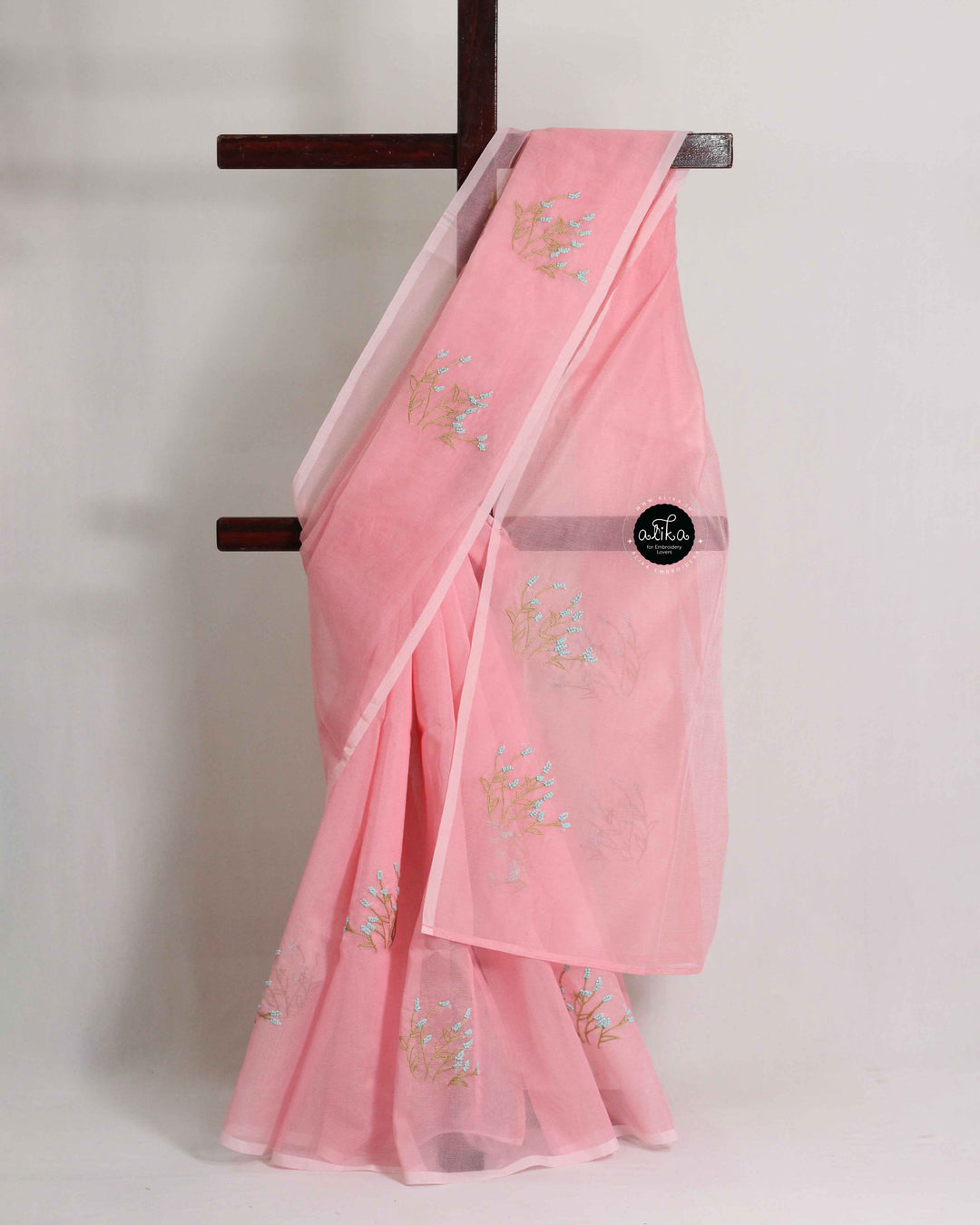 Blush Pink Kota Saree with Floral Hand Embroidery