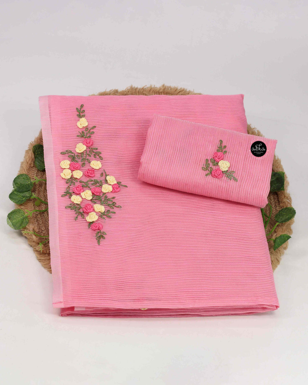 Pink Kota Saree with Floral Hand Embroidery